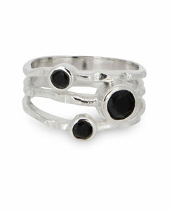 Black Onyx Triple Gemstone Ring, Sterling Silver: Size 6