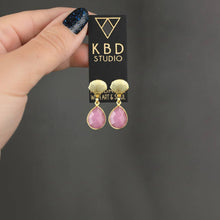 Load image into Gallery viewer, Brass Shell w/ Medium Chunky Pink Jade Tear Drop Earrings
