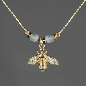 Vintage Pave Bee w/ Semi Precious Stones Necklace: Amethyst / 16 + Extender
