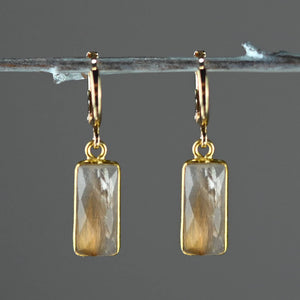 Golden Huggie with Rectangle Semi Precious Earrings: Strawberry Quartz