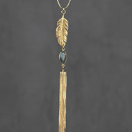 Feather, Gemstone & Gold Tassel Adjustable Necklace: Crystal