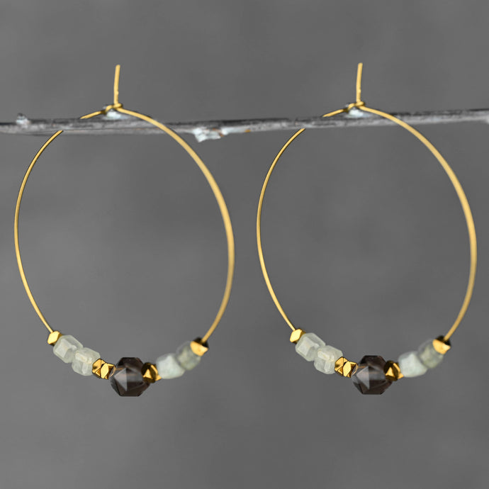 50mm Brass Hoops w/ Semi Precious Cube and Star Cut Earrings: Aquamarine Cube - Smoky Q Star