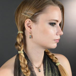 Golden Huggie with Rectangle Semi Precious Earrings: Strawberry Quartz