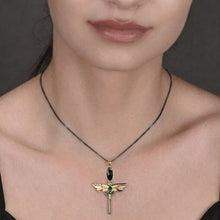 Load image into Gallery viewer, Mixed Metal Enamel Dragonfly on Delicate Adjustable Necklace: Black Onyx Oval
