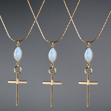 Load image into Gallery viewer, Brass Cross on w/ Semi Precious on an Adjustable Chain: Moonstone
