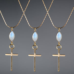 Brass Cross on w/ Semi Precious on an Adjustable Chain: Moonstone