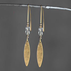 Hammered Brass Marquise Long Wire & Fluorite Earrings: Aquamarine