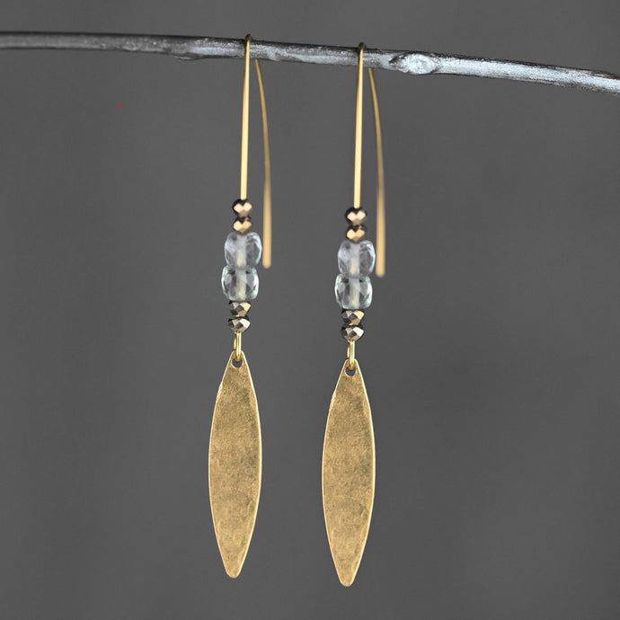 Hammered Brass Marquise Long Wire & Fluorite Earrings: Aquamarine