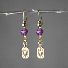 Load image into Gallery viewer, Antique Brass Radiating Heart w/ Gemstone Long Wire Earrings: Hematite &amp; Strawberry Quartz Star Cut
