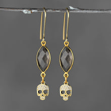 Load image into Gallery viewer, Tiny Pave Skulls w/ Semi Precious Marquise Earrings: Smoky Quartz

