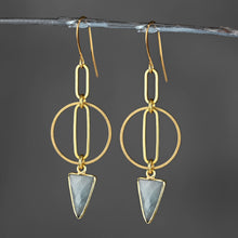 Load image into Gallery viewer, Brass Oval Inside Circle w/ Gemstone Triangle Drop Earrings: Moonstone
