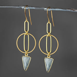 Brass Oval Inside Circle w/ Gemstone Triangle Drop Earrings: Moonstone
