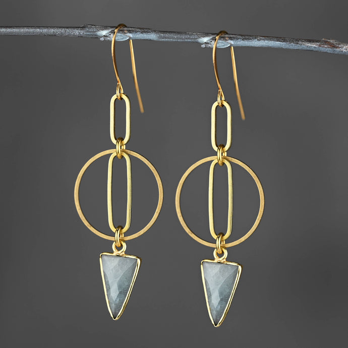 Brass Oval Inside Circle w/ Gemstone Triangle Drop Earrings: Moonstone