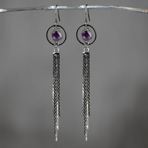 Caged Semi Precious Circle Shimmer Tassel Earrings (Gunmetal: Crystal