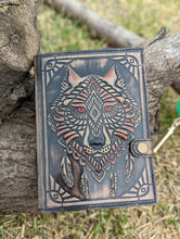 Load image into Gallery viewer, Wolf Embossed Leather Journal diary with 200 vintage paper pages
