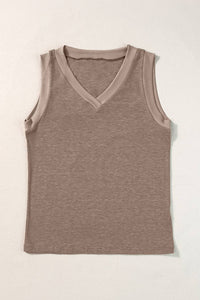 Ribbed Trim V-Neck Tank Top: Simply Taupe