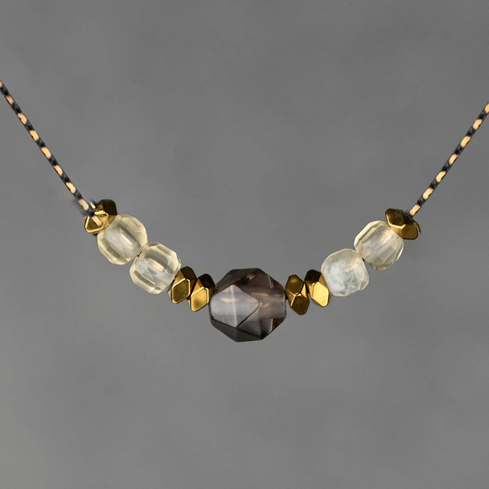 Semi Precious Star Cut and Cube Combo Short Necklace: 16” + Extender / Smoky Quartz & Citrine