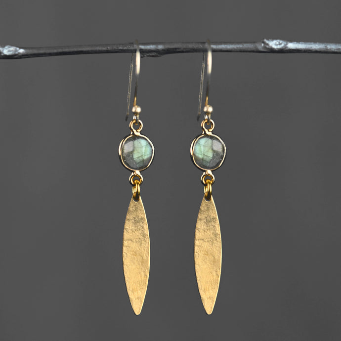 Brass Hammered Marquise w/ Semi Precious Earrings: Labradorite (Green-Gold-Lower Price)