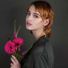Load image into Gallery viewer, Triple Goddess Brass Cast Hoops w/ Semi Precious Tear Drop: Golden Rutile
