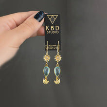 Load image into Gallery viewer, Whimsical Flowers &amp; Birds &amp; Gemstone Earrings: Aqua (Hydro Quartz Glass)
