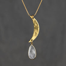 Load image into Gallery viewer, Hammered Brass Crescent Moon &amp; Golden Rutile Tear Drop Neckl: 16 + Extender / Amethyst
