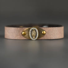 Load image into Gallery viewer, Virgin Mary Leather Stacker Cuff w/ Delicate Crystals: Vintage Cream
