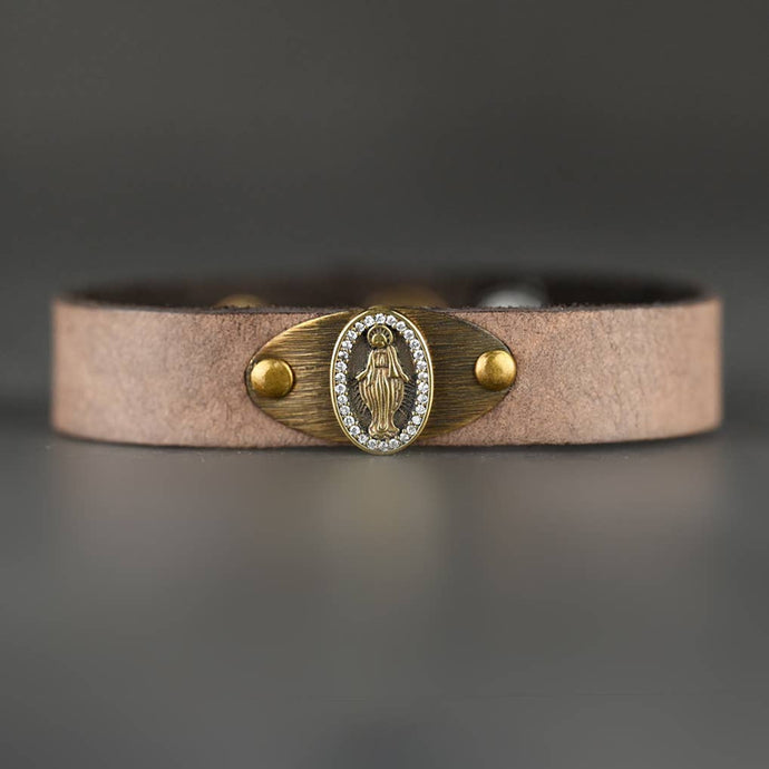 Virgin Mary Leather Stacker Cuff w/ Delicate Crystals: Vintage Cream