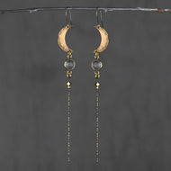 Hammered Moon w/ Semi Precious & Black & Gold Tassel Earring: Lapis