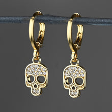 Load image into Gallery viewer, Small Crystal Pave Skull Huggie Earrings: Gold Plated
