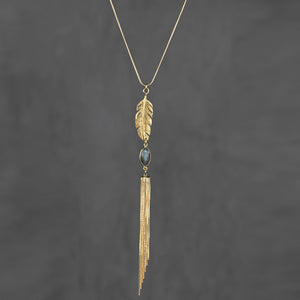 Feather, Gemstone & Gold Tassel Adjustable Necklace: Crystal