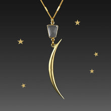 Load image into Gallery viewer, Brass Cast Moon Sliver w/ Faceted Crystal Quartz Necklace: 25&quot;
