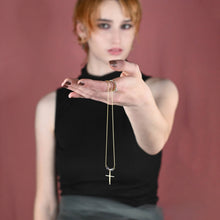 Load image into Gallery viewer, Delicate Cross w/ Tiny Stones and Semi Precious Necklace: 16 + Extender / Aquamarine
