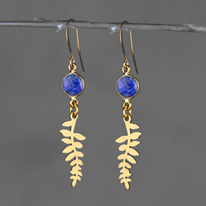 Fern Leaf Drop w/ Round Semi Precious Earrings: Turquoise (Howlite)
