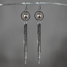 Load image into Gallery viewer, Caged Semi Precious Circle Shimmer Tassel Earrings (Gunmetal: Pyrite
