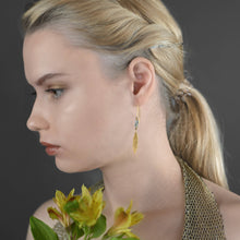 Load image into Gallery viewer, Hammered Brass Marquise Long Wire &amp; Fluorite Earrings: Aquamarine
