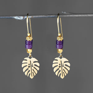 Brass Leaf w/ Beaded Semi Precious Heishi Top Earrings: Black Labradorite