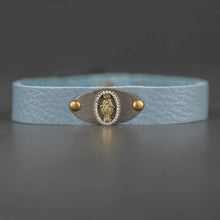 Load image into Gallery viewer, Virgin Mary Leather Stacker Cuff w/ Delicate Crystals: Vintage Cream

