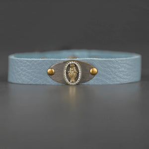 Virgin Mary Leather Stacker Cuff w/ Delicate Crystals: Vintage Cream