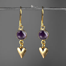Load image into Gallery viewer, Small Brass Cast Hearts w/ Round Semi Precious Earrings: Golden Rutile
