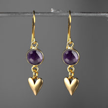 Load image into Gallery viewer, Small Brass Cast Hearts w/ Round Semi Precious Earrings: Strawberry Quartz
