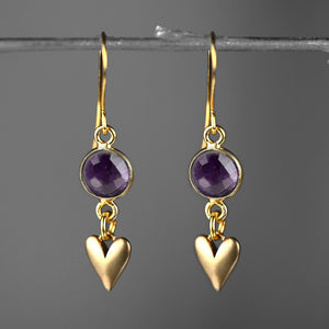 Small Brass Cast Hearts w/ Round Semi Precious Earrings: Strawberry Quartz