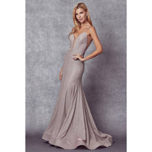 Load image into Gallery viewer, LOW V NECK FITTED GLITTER PROM DRESS: ROSE GOLD / SILVER
