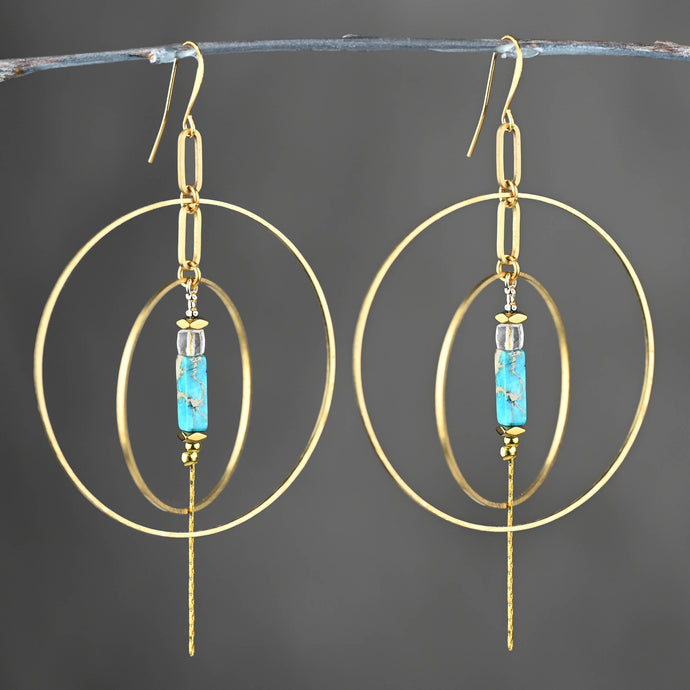 Double Hoop w/ Semi Precious Chain Drop Earrings: Herkimer Diamond