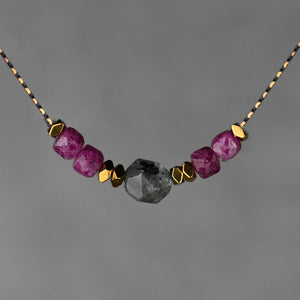 Semi Precious Star Cut and Cube Combo Short Necklace: 16” + Extender / Smoky Quartz & Citrine