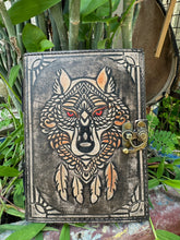 Load image into Gallery viewer, Wolf Embossed Leather Journal diary with 200 vintage paper pages
