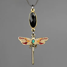 Load image into Gallery viewer, Mixed Metal Enamel Dragonfly on Delicate Adjustable Necklace: Black Onyx Oval
