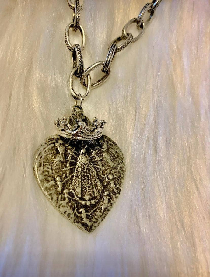 Crown Antique Silver Lady of Lujan Heart Necklace