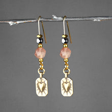 Load image into Gallery viewer, Antique Brass Radiating Heart w/ Gemstone Long Wire Earrings: Hematite &amp; Strawberry Quartz Star Cut
