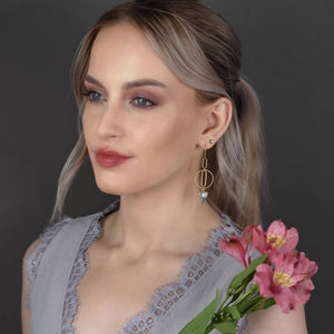 Brass Oval Inside Circle w/ Gemstone Triangle Drop Earrings: Moonstone