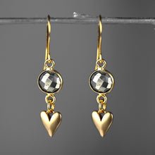 Load image into Gallery viewer, Small Brass Cast Hearts w/ Round Semi Precious Earrings: Strawberry Quartz
